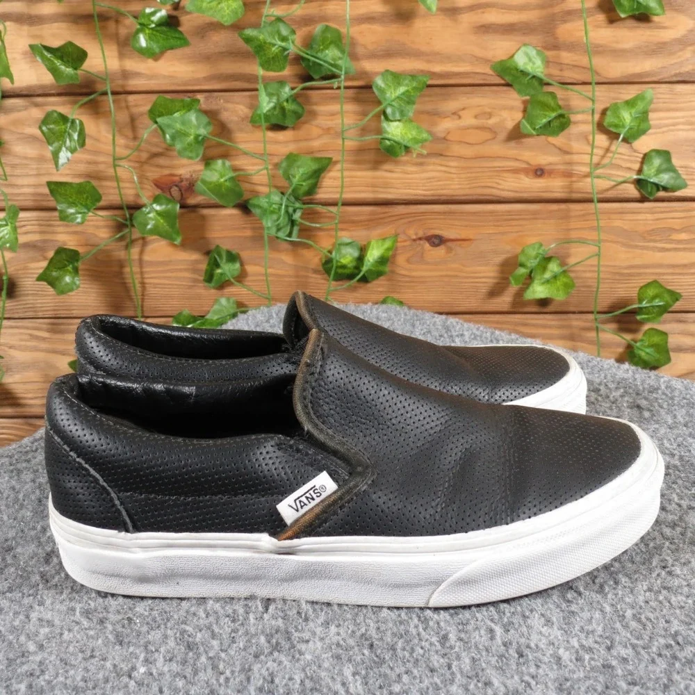 Vans Classic Slip-On‎ Women 5.5 Black Leather Perforated Casual Skate Sneakers